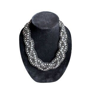 Vintage Black Metal Braid Chain Collar Necklace With Rhinestones 21" Long